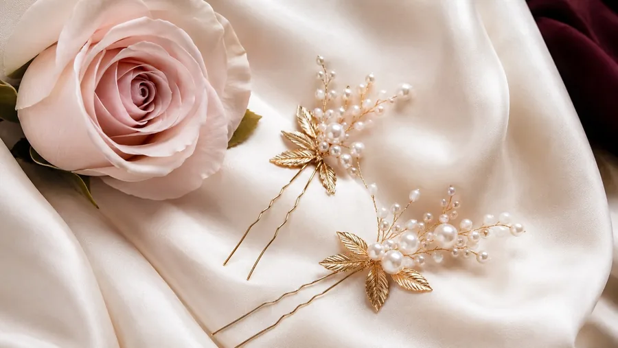 Bridal pearl hair pins on ivory silk