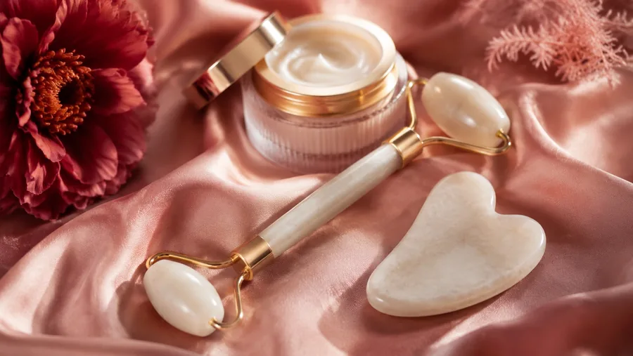 Skincare ritual with jade roller and creams
